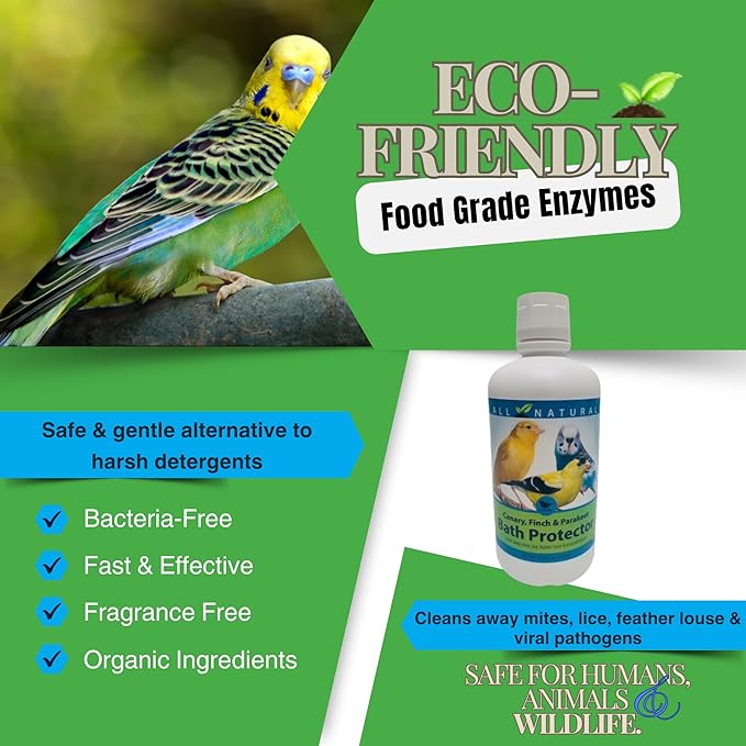 Care Free Enzymes Canary, Finch & Parakeet Bath Protector, 16 oz, Gentle Bird Bath Additive for Pet Birds, Helps Keep Bath Water Clean, Supports Feather Care, Safe for Small Pet Birds
