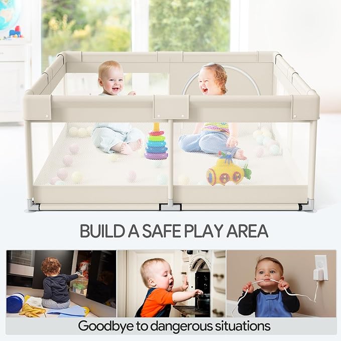 Fodoss Baby Playpen, Upgrade Playpen for Babies and Toddlers, 47x47inch Beige Play Pen for Babies with Hand Pulling Ring, Play Pen Center for Kids,Baby Fence,Kids Playards