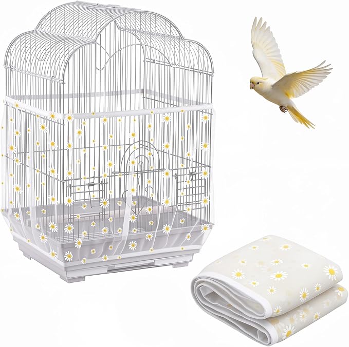 Trinkrittey Bird Cage Seed Catcher, Universal Bird Cage Seed Catcher Guard Adjustable Parrot Nylon Mesh Net Cover for Round Square Cages Parrot Parakeet African Macaw(Daisy-White, 15.7" x87")