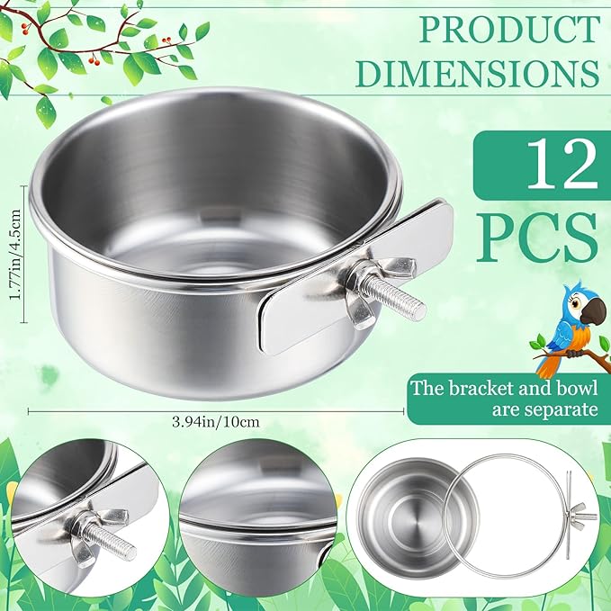 Ziliny 12 Pcs 10 oz Stainless Steel Bird Feeding Dish Cups Bird Feeder with Clamp Parrot Food Cups for Cage Pet Water Cage Bowls for Budgies Parakeet Cockatiel Small Animal