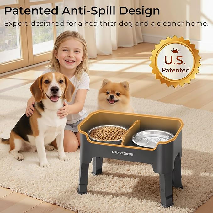 URPOWER Mess Proof Elevated Dog Bowls 4 Height Adjustable Raised Bowl Stand with 2 Stainless Steel Dog Bowls Non-Slip Food and Water Bowl Set for Small and Medium Dogs,Grey