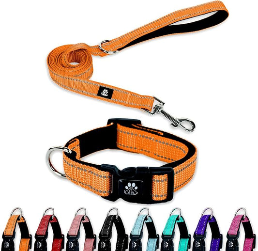 FURRYFECTION Reflective Dog Collar and Leash Set with Quick Release Buckle, Padded with Neoprene Adjustable Nylon Dog Collar for Small Medium and Large Dogs (Small Collar+5FT Leash, Orange)