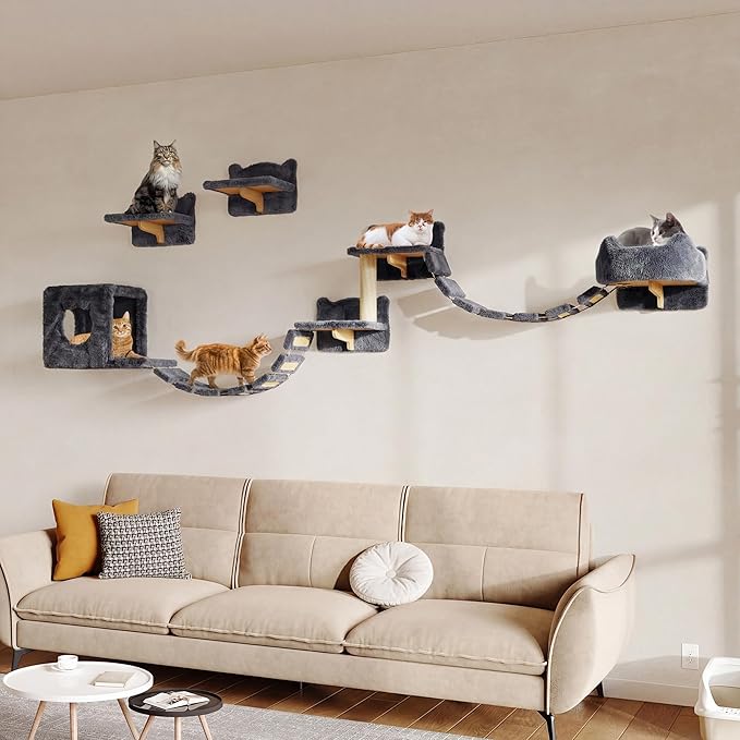 Cat Wall Shelves, Wall Mounted Cat Shelf Furniture with Plush Fabric (9 Piece Set), Cats Furniture with Condos, House, Steps, Bridge Ladder, Scratching Post, Grey