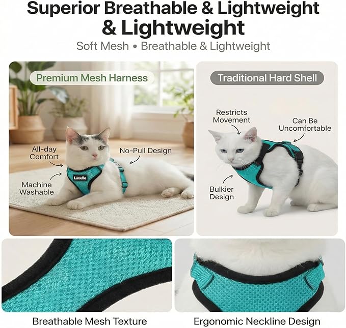 Luxelle 2 Pack Escape-Proof Cat Harness and Leash Set for Walking – Adjustable No Pull Soft Vest with Easy-Wear Buckle, Reflective Straps, Breathable Mesh – Outdoor Travel Harness for Cats & Kittens