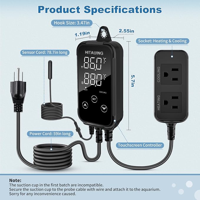 HiTauing Digital Temperature Controller, Aquarium Heater Reptile Thermostat Heating and Cooling Dual Outlet with Seawater-Resistant Probe for Fish Tanks, Reptile Tanks, Greenhouse & Seedling Mat