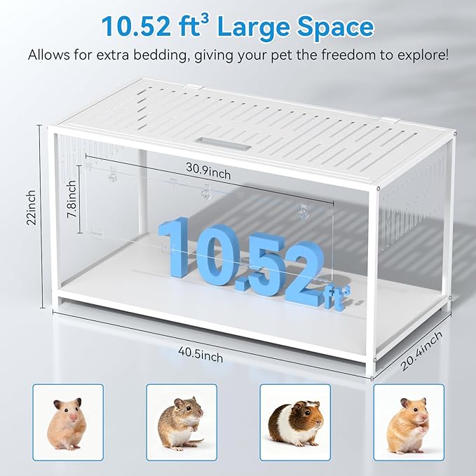 Large Metal Hamster Cage - Chew Proof Syrian Hamster Cage & Habitat with Acrylic Panels, Top Open, Breathable, Big Hamster House for Gerbils, Guinea Pigs, 40.5 x 20.4 x 22 Inch, White