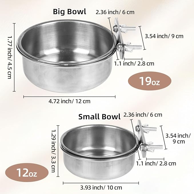 Pet Cage Bowls, 2 Pack Stainless Steel Pet Hanging Bowl, Bird Food Water Bowl for Cage, Crate Dog Bowl, Parrot Feeding Cups for Chinchilla Finches Puppy Cat Rabbit Guinea Pig