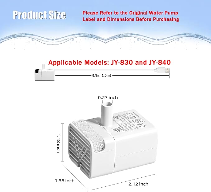 Cat Water Fountain Pump Replacement JY-830 and JY-840 Submersible Motor | (Auto Power-Off When Waterless) Fountains Pump for Stainless Steel Cats Dispensers,Ultra Quiet Dog Drinking Fountain Pump
