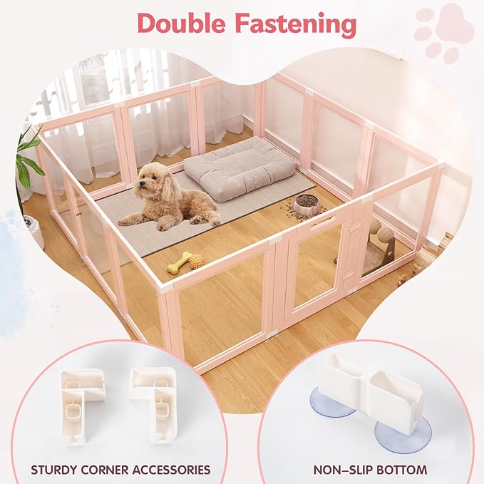 DIY Clear Acrylic Dog Playpen Indoor, Transparent Easy Cleansing Puppy Fence with Suction Cup, Easy-Assemble Indoor Whelping Crate for Small Puppies (23.6" H, 12PCS), Pink