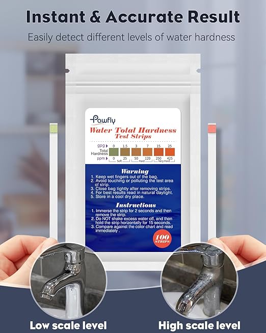 Pawfly Hardness Test Kit - 100 Strips for Drinking, Tap, Well, Pool & Spa Water - Quick & Accurate Calcium & Magnesium Test (0-425 PPM)