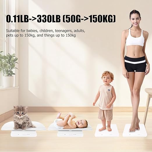Baby Scale & Pet Scale with 60cm Tray, 330lb-150kg Digital Scale for Newborn, Puppy, Cat, Dog & Adult, Includes Tape Measure, Puppy Collar & Record Card, Hold/Tare Function,5 Unit Conversions