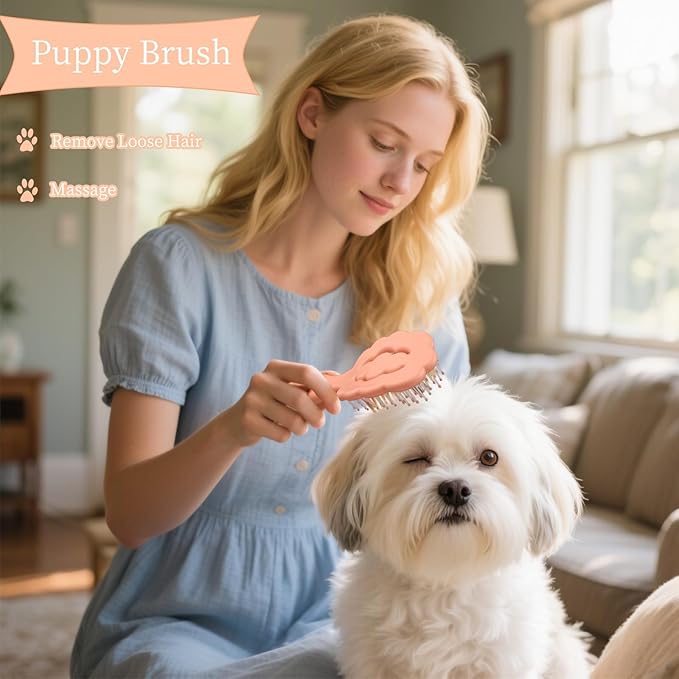 Cloud-Shaped Soft Bristle Small Dog Brush - Hollow Back Design for Easy Grooming - Ideal for Yorkie, Shih Tzu, Maltese Maltipoo Pomeranian- Puppy Essentials , Pet Hair Removal Essentials (Pink)