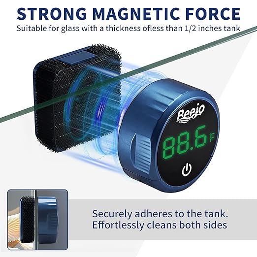 BEEJO 2 in 1 Aquarium Magnet Glass Cleaner with Touch Digital Thermometer ，Glass Fish Tanks Strong Magnetic Cleaning Brush，Aquarium Mini Algae Scraper (Blue)