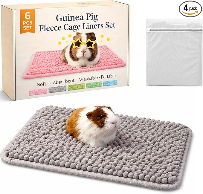 Guinea Pig Fleece Cage Liners Set, 20 * 12In, Washable Absorbent Pee Pads for Small Animals, Non-Slip Bottom, Soft Chenille Fleece Liners for Guinea Pig Cage (4, Grey)