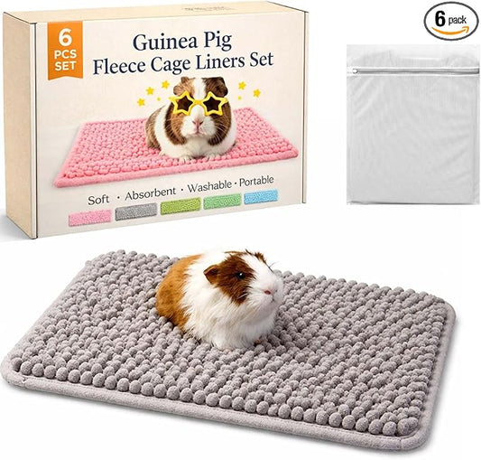 Guinea Pig Fleece Cage Liners Set, 20 * 12In, Washable Absorbent Pee Pads for Small Animals, Non-Slip Bottom, Soft Chenille Fleece Liners for Guinea Pig Cage (6, Grey)