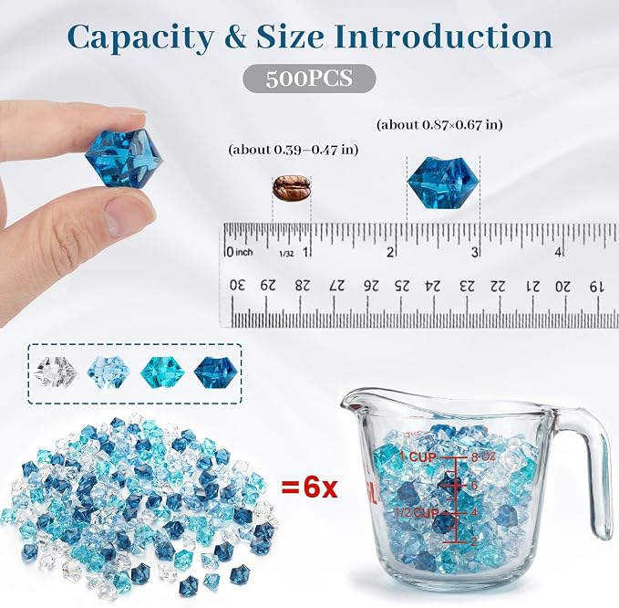 DomeStar 500 PCS Mixed Blue Fake Ice Rocks for Vase Fillers | Acrylic Diamond Gems for Aquarium Decor, Table Scatter, DIY Crafts, Ocean Decor