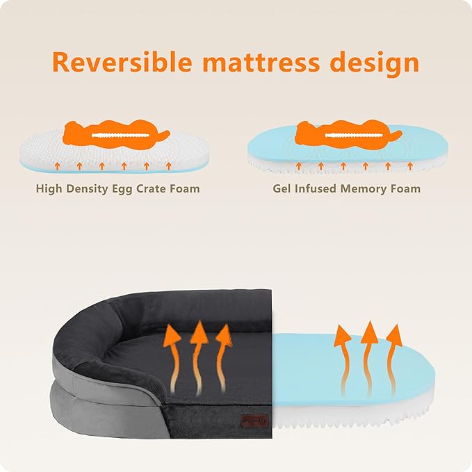 Dwanton Orthopedic Dog Bed for Medium Dogs with Gel Memory Foam, Waterproof Dog Sofa, Washable Pet Bed with Four Sided Bolster Cushion, Removable Cover & Non-Slip Bottom, 36", Dark Gray