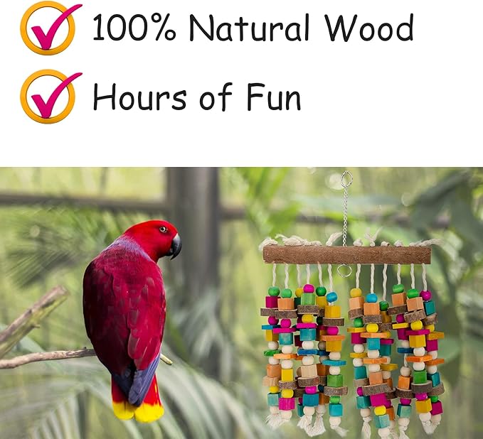 Kikerike Parrot Chewing Toy Bird Bite Toy with Colorful Wood Beads, Multicolored Natural Wooden Block Cage Toys for Macaw Cockatoo Parakeets