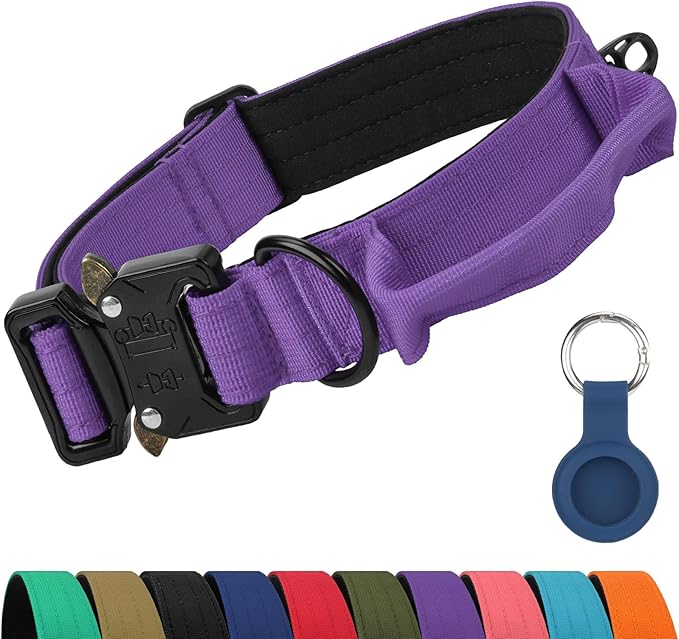 Joytale Tactical Dog Collar for Medium Dogs with Control Handle, Heavy Duty Military Training Collar for Power Breeds, AirTag Holder Case, Quick Release Metal Buckle, Soft Padded, M, Purple