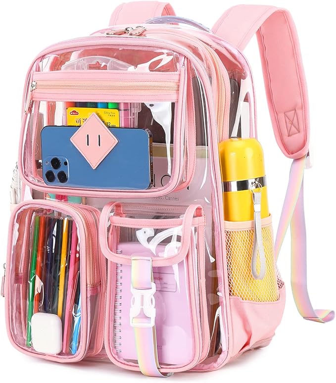 PIG PIG GIRL Clear Backpack for School,Heavy Duty PVC Transparent Bookbag for Girls Stadium Approved See Through Backpack