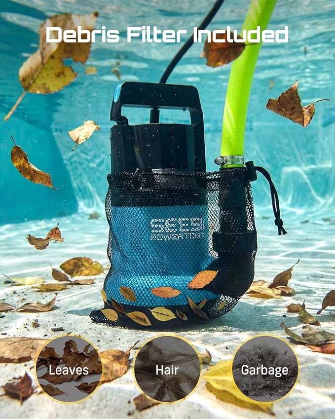 SEESII 1HP Submersible Water Pump, 4755GPH High Flow Sump Pump with 23ft Hose Kit, Anti-Clogging Filter Net for Swimming Pool Hot Tub Pond Basement Rooftop Garden Water Removal