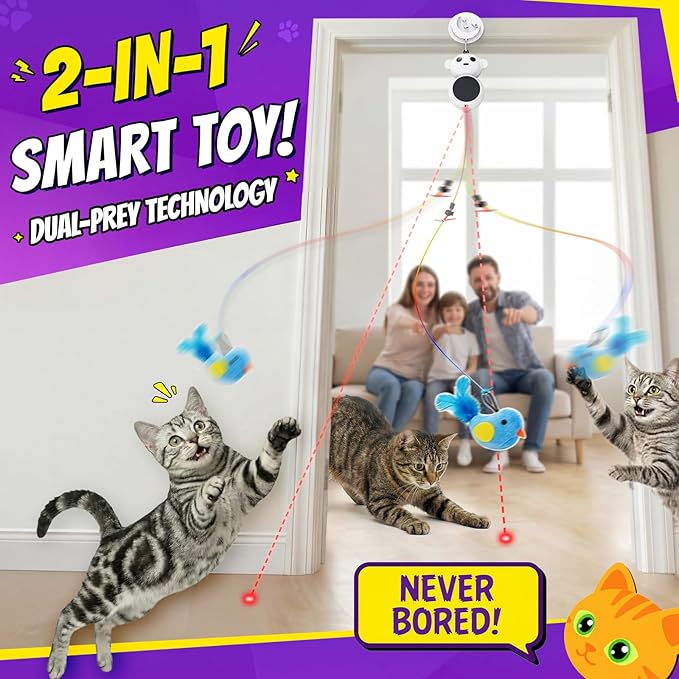 Interactive Cat Toys for Indoor Cats: 2 in 1 Laser Pointer Cat Toy with Automatic Flying Bird & Mouse Wand, Smart Motion Mode Adjustable Speed, USB Rechargeable Safe for Bored Kittens and Adult Cats