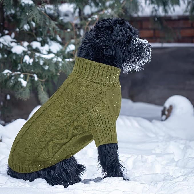 Queenmore Small Dog Pullover Sweater, Cold Weather Cable Knitwear, Classic Turtleneck Thick Warm Clothes for Chihuahua, Bulldog, Dachshund, Pugl,OliveGreen,S