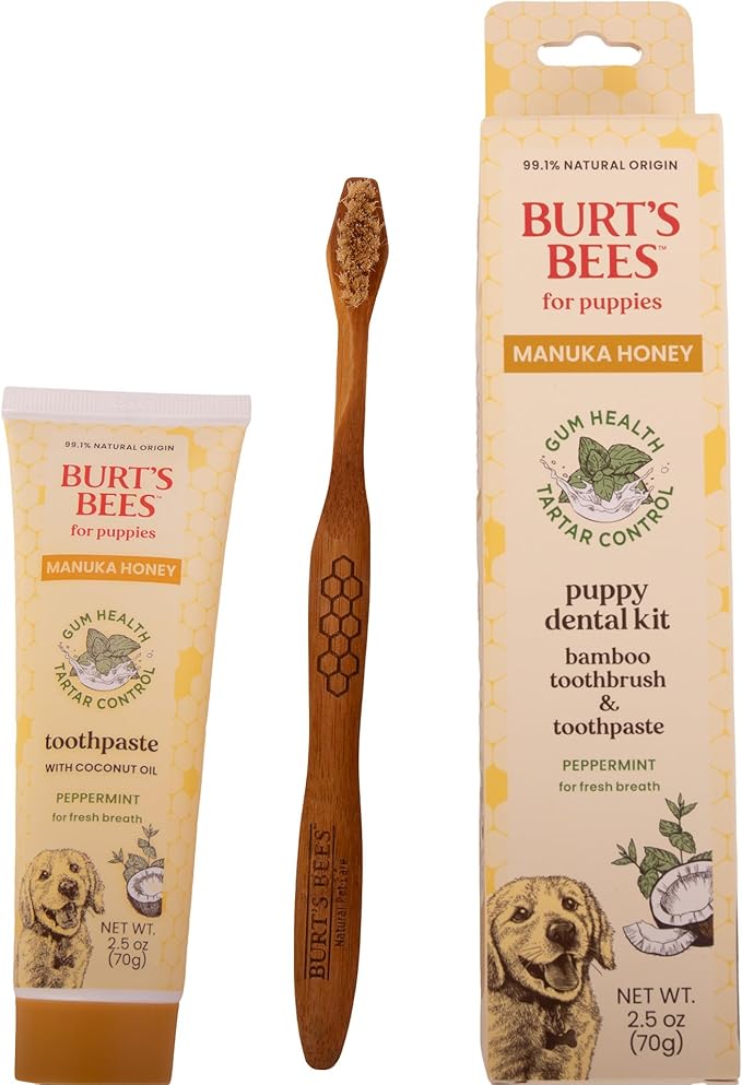 Burt's Bees for Pets Peppermint Puppy Dental Kit with Bamboo Toothbrush & Puppy Toothpaste, Manuka Honey & Coconut Oil for Gum Health, Tartar Control, 99.1% Natural Origin Formula, 2.5 Oz