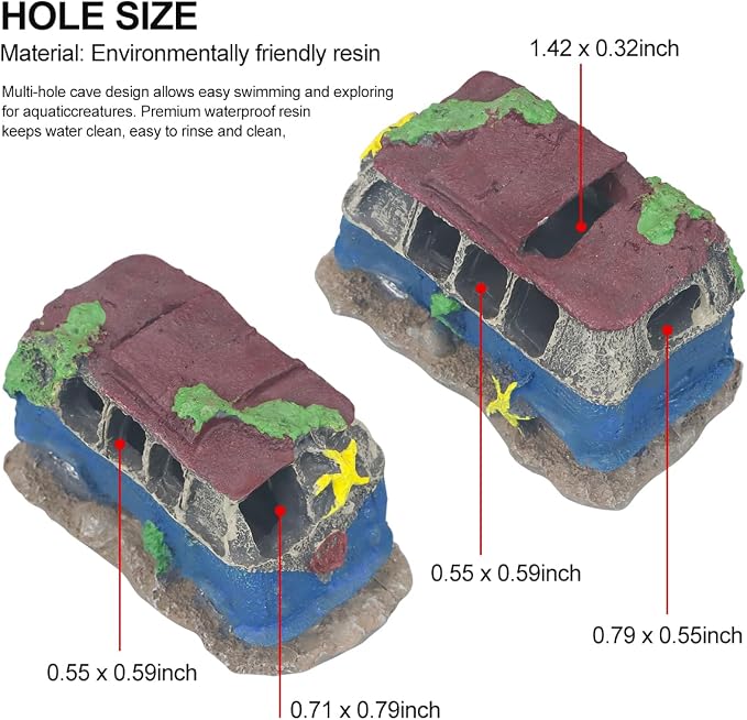 Virekm Resin Rock Cave Hideouts for Fish Tank Aquarium Decor | Safe Natural Design Aquarium Ornaments for Betta, Goldfish, Shrimp, Easy To Clean Tank Landscape Decor (School Bus)