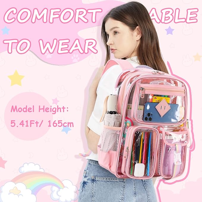 PIG PIG GIRL Clear Backpack for School,Heavy Duty PVC Transparent Bookbag for Girls Stadium Approved See Through Backpack