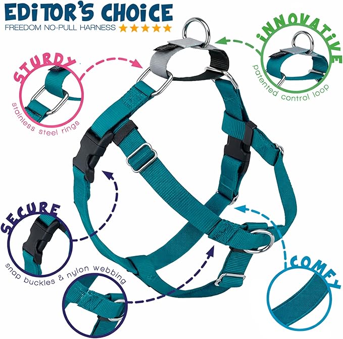 2 Hounds Design Freedom No Pull Dog Harness, Adjustable Harness, Easy Walking & Comfortable Control, Fits Small, Medium & Large Dogs, Solid Colors, Made in USA, 1" XXL, Teal