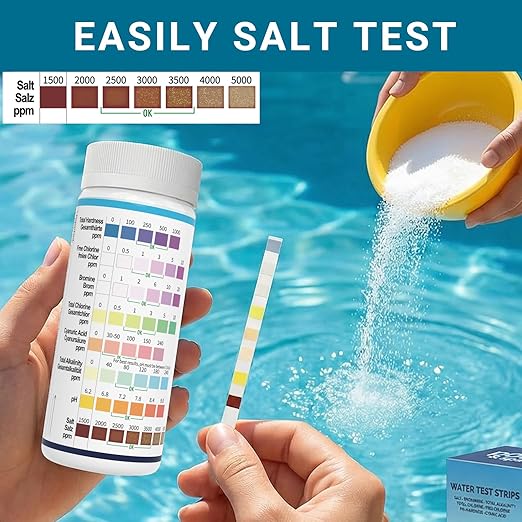 2026 Salt Water 8-in-1 Pool Test Strips Kit | 150 Strips Pool Salt Test Strips | Salt Water Pool Testing Kit for Pools, Hot Tubs & Spas Quick Accurate Tests Salt, Chlorine, pH, Cyanuric Acid