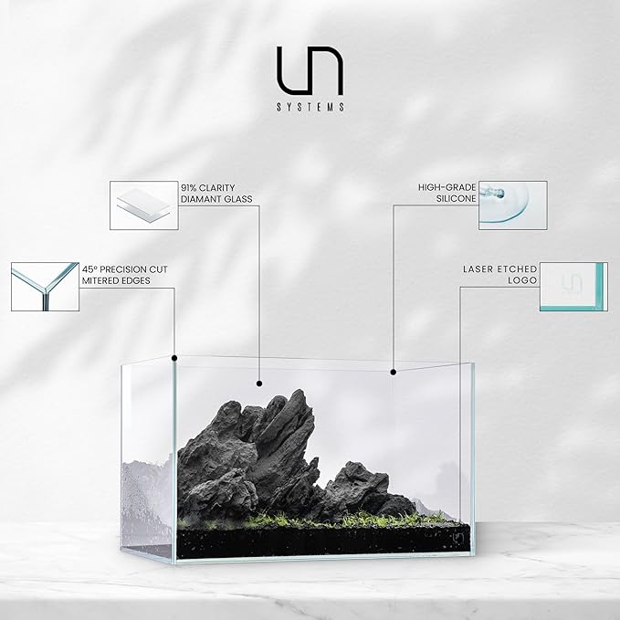 Ultum Nature Systems Ultra Clear Rimless Aquarium - Low Iron Glass Fish Tank with 45° Mitered Edges, 5mm-12mm Thick, Leveling Mat Included (25S, Shallow, 2 Gallon)