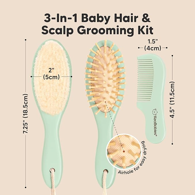 Baby Hair Brush Set for Newborns - Soft Goat Bristle Wooden Baby Brush and Comb Set Newborn Grooming Kit for Cradle Cap, Durable & Gentle, Boy, Girl Infant Essentials Care Kit (Regular, Sage)