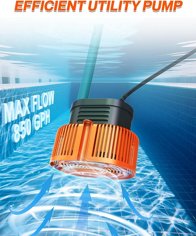 Pool Cover Pump above Ground - Submersible Water Sump Pump Swimming Water Removal Pumps, with Drainage Hose & 25 Feet Extra Long Power Cord, 850 GPH inGround, 3 Adapters
