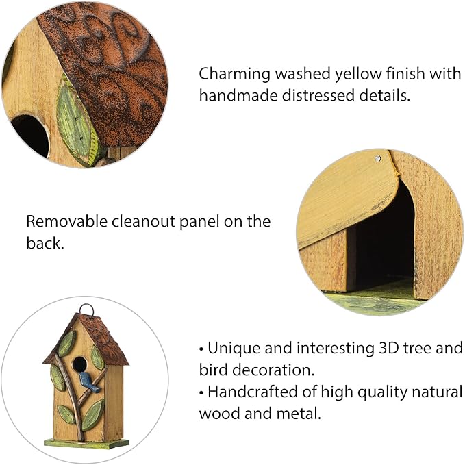 Glitzhome Bird Houses for Outside, 9.7" H Rustic Hanging Birdhouse Decorative Pet Cottage Distressed Wooden Birdhouse with 3D Tree Bluebird House for Outdoor Patio Garden, Yellow
