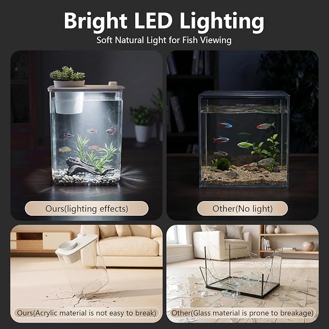1 Gallon Betta Fish Tank Aquarium Starter Kit with Light and Lid(White) | Premium Acrylic Aquarium with Light and Lid, Crystal Clear Starter Kit for Betta Fish, Shrimp, Snails and Small Fish