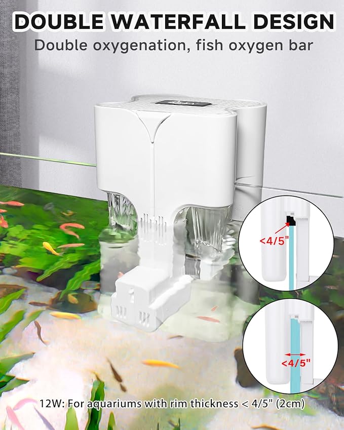 AQQA Hang On Aquarium Filter, Power Waterfall HOB Fish Tank Filter with Surface Skimmer, Adjustable Flow, Silent Multi-Stage Filtration for Freshwater & Saltwater, for Rimless Aquariums (12W 112GPH)