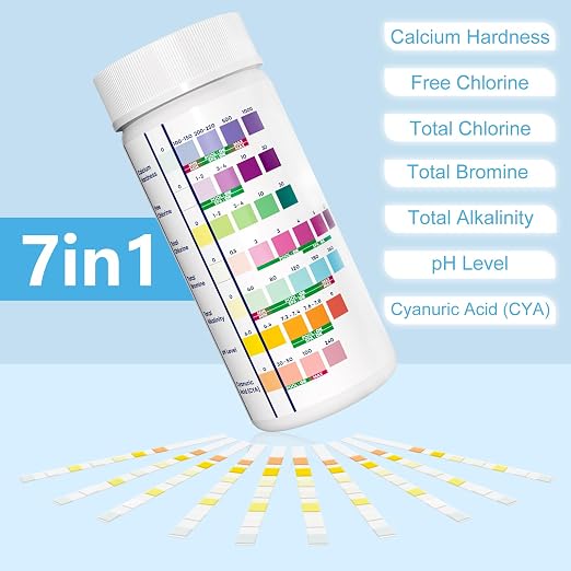 DIP&GO 7 in 1 Pool and Hot Tub Test Strips-125 Spa Test Strips for Hot Tub | Swimming Pool Test Kit for Bromine, Free Chlorine, pH, Total Alkalinity, Hardness, Cyanuric Acid and Total Chlorine