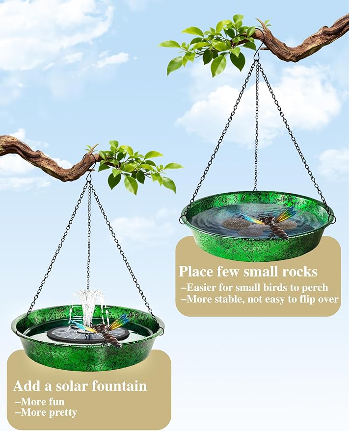 Hanging Bird Bath for Outside, 11.5” Metallic Green & Blue Metal Birdbath Bowl & Feeder with Black Chain Outdoor Garden Yard Decor