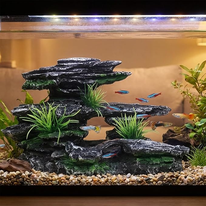 Aquarium Decor Mountain View Stone Ornament, Premium Landscape Fish Tank Decorations, Fish Tank Accessories, Ideal for Betta, Snails, Turtle, Hiding, Playing, Basking and Resting Spots