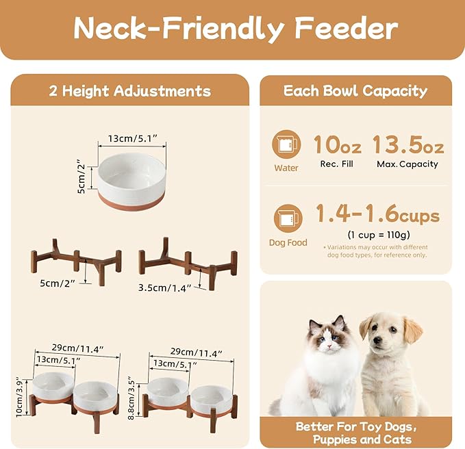 Havniva 5.1" Elevated Dog Bowls Ceramic Raised Dog Bowl with Non-Slip Stand (Acacia Wood) Two Height Options, Dog Food & Water Bowl for Small Breed Dogs Puppy - 1.6 Cups 13.5 oz
