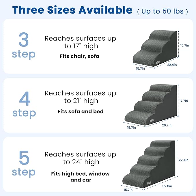 Airpanda Dog Stairs for Small Dogs and Cats – 3 Step Pet Ramp for Couch & Sofa, Non-Slip Dog Steps for Pets, Washable Cover, High-Density Support Foam for Easy Climbing,Grey