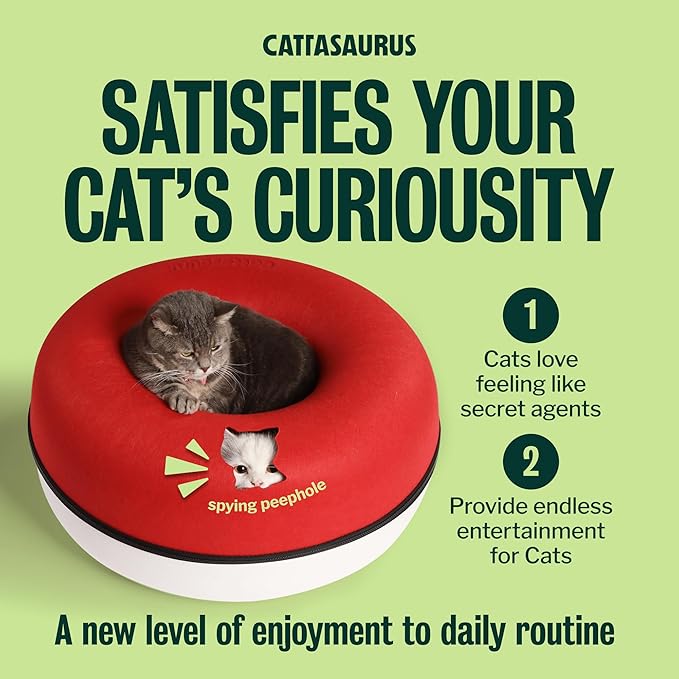 Cattasaurus Peekaboo Cat Cave Donut for Multiple & Large Cats up to 30-45 lbs, 3-in-1 Self Warming Cat Bed, Tunnel & Scratcher for Indoor Cats, Washable & Detachable Dog Bed (Ruby Snowball, Large)