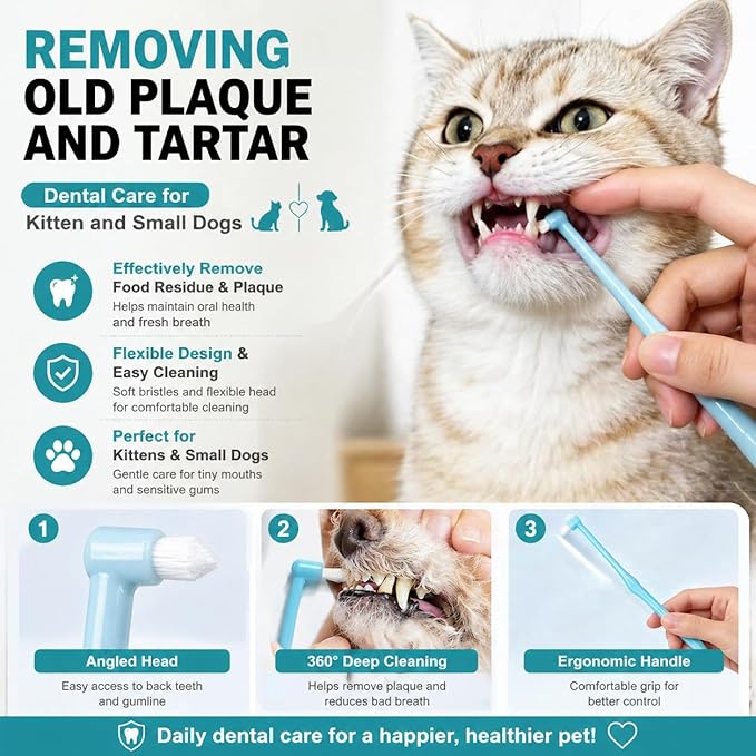 Dog Toothbrush, 360 Degree Finger Toothbrushes, Triple Head Toothbrushes, Double Head Toothbrush,Cleaning Brushes for Dog Cat Oral Dental Health (Blue, L)