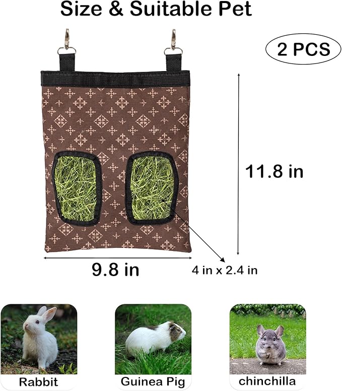 Rabbit Hay Feeder Bag, Large Capacity Rabbit Hay Bag Small Animal Hanging Hay Bag 600D Oxford Cloth Bunny Hay Feeder Bag for Rabbits Guinea Pigs Chinchillas (Brown-2 Holes-2Pcs)