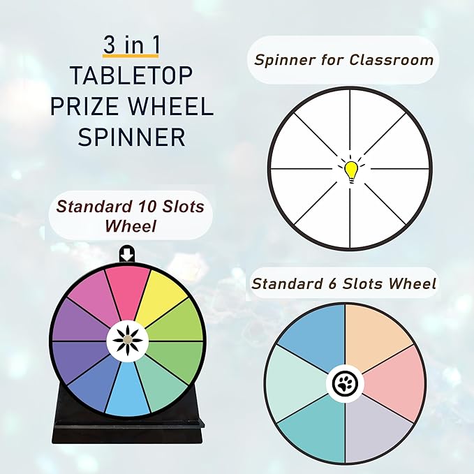 Iobiotio Spinning Prize Wheel, 6 inch Wheel-Spinning Wheel for Prizes with Stand, 6,8,10 Slots Color Small Tabletop Roulette Spinner, Easy Assembly and Erasable, Portable