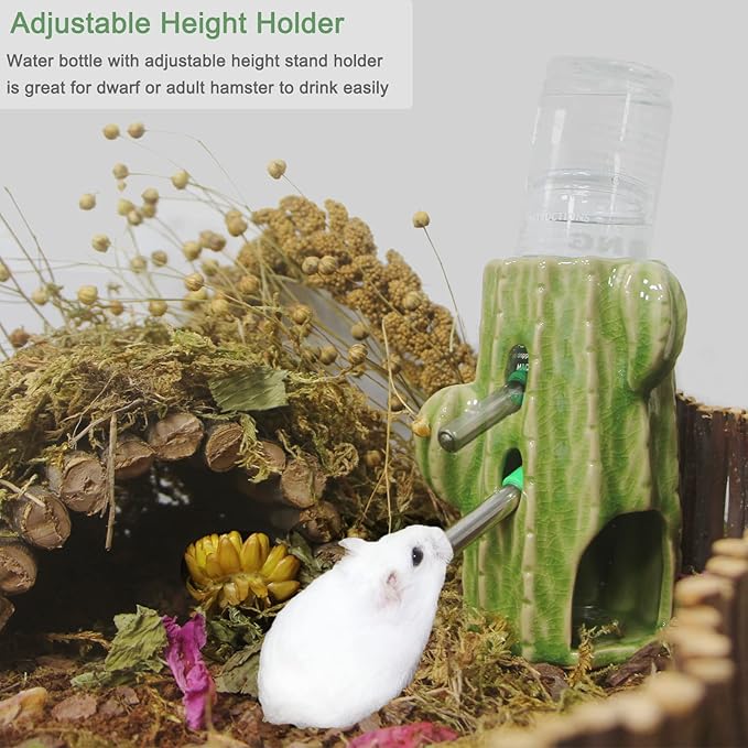 2-in-1 Adjustable Hamster Water Bottle for Glass Tank - 80ML, No Drip Ceramic Holder for Dwarf Hamster, Mice, Rat (Light Green)