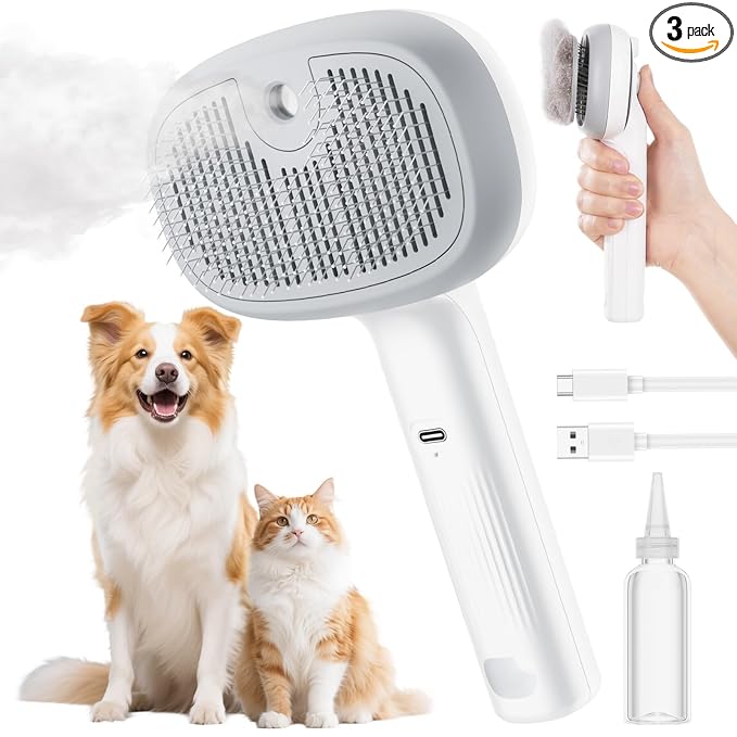 Pecute Steam Cat Brush, Self-Cleaning Cat Steam Brush with 2 Water Spray Modes, Large Capacity Tank, Dog Brush for Shedding Massaging Grooming, Cool Mist Only