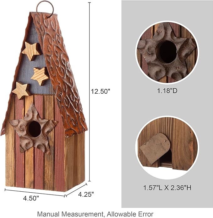 Glitzhome Bird House for Outdoors, 12.5 Inch Wooden Bird House Patriotic USA Distressed Hanging Birdhouses for Bluebird Cedar Wren Chickadee Sparrow Bird Nest Box for Garden Patio